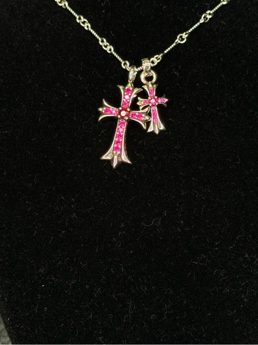 Chrome Hearts Pink Diamond Studded Double Floral Cross Unisex Necklace
